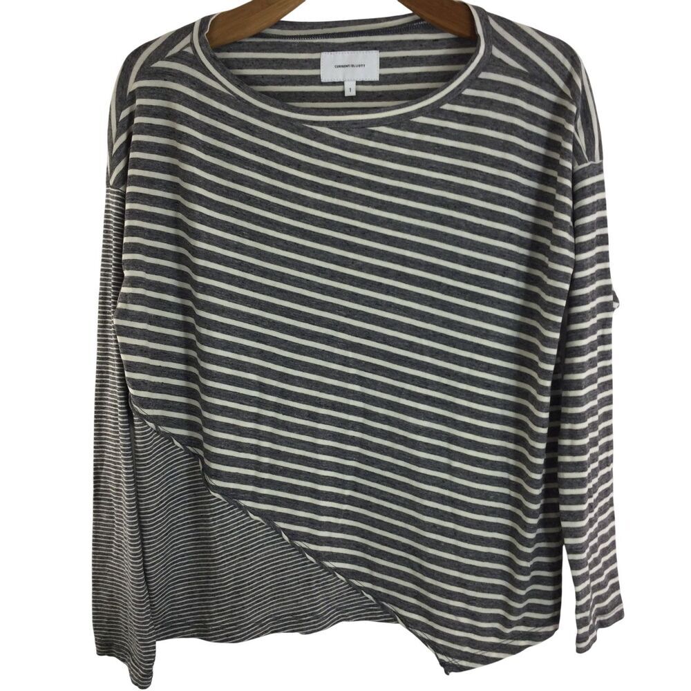 Current Elliott The Slice Stripe Loose Fit Long Sleeve Knit Tee Shirt Top Gray